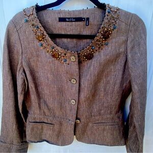 Nic + Zoe brown woman’s bead embellished textured short blazer style size 4